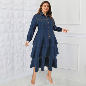 <span class=keywords><strong>Robe</strong></span> en jean grande taille Y218511 de haute qualité pour <span class=keywords><strong>femme</strong></span>, à manches longues, col à revers et volants multicouches, idéale pour l'automne - Product Image 1