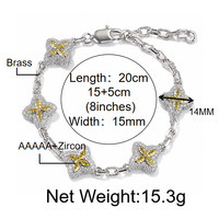 Bracelet trèfle à quatre feuilles incrusté de zircone cubique colorée brillante, en cuivre, style hip-hop urbain, faible MOQ, vente en gros