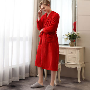 Albornoz de lana de franela roja para parejas, bata térmica de <span class=keywords><strong>manga</strong></span> larga para amantes del invierno, Color sólido - Product Image 2