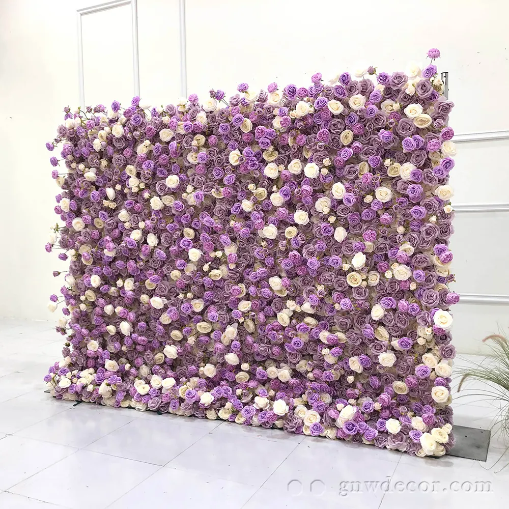 GNW fiore di seta rosa bianco sfondo di nozze di seta fiore artificiale sfondo da parete per decorazione di nozze Roll up muro di fiori