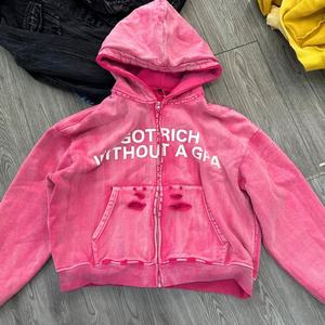 Streetwear Custom Acid Washed Vintage Screen Print <b>Hoodie</b> Cotton French Terry <b>Cropped</b> Oversized Pocket Distressed <b>Zip</b> <b>up</b> <b>Hoodie</b> - Product Image 2