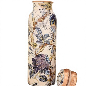 Cream Printed <b>Copper</b> Water <b>Bottle</b> Botanical Floral Foliage Design Ayurvedic <b>Drinking</b> <b>Bottle</b> Reusable Travel Gift <b>Bottle</b> - Product Image 3