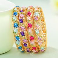 Gelang Bunga Enamel Multiwarna, Gelang Logam Berongga Emas, Gelang Bertabur Rhinestone, Gelang Bunga Tumpuk untuk Wanita, Grosir