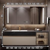 Ensemble de meuble-lavabo mural de luxe personnalisé avec un seul tiroir, vasque sous plan en pierre, miroir LED et armoire vitrée