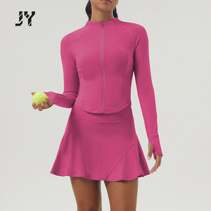 Joyyoung set rok wanita, 2 potong pakaian lengan panjang Zip atasan Crop lipit rok Mini pakaian tenis luar ruangan - Product Image 4