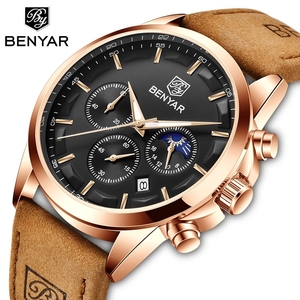 Montres Benyar 5160 pour hommes, <span class=keywords><strong>montre</strong></span> à quartz de luxe pour hommes, boîtier en or rose, <span class=keywords><strong>montre</strong></span> masculine tendance, chronographe, étanche, <span class=keywords><strong>bracelet</strong></span> en <span class=keywords><strong>cuir</strong></span> sport - Product Image 2