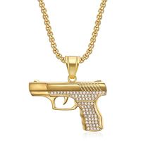 Colliers pendentifs simples en acier inoxydable PVD avec zircone cubique, style Hip Hop Gang Gun Rock Rapper Iced Out, pour hommes 2026
