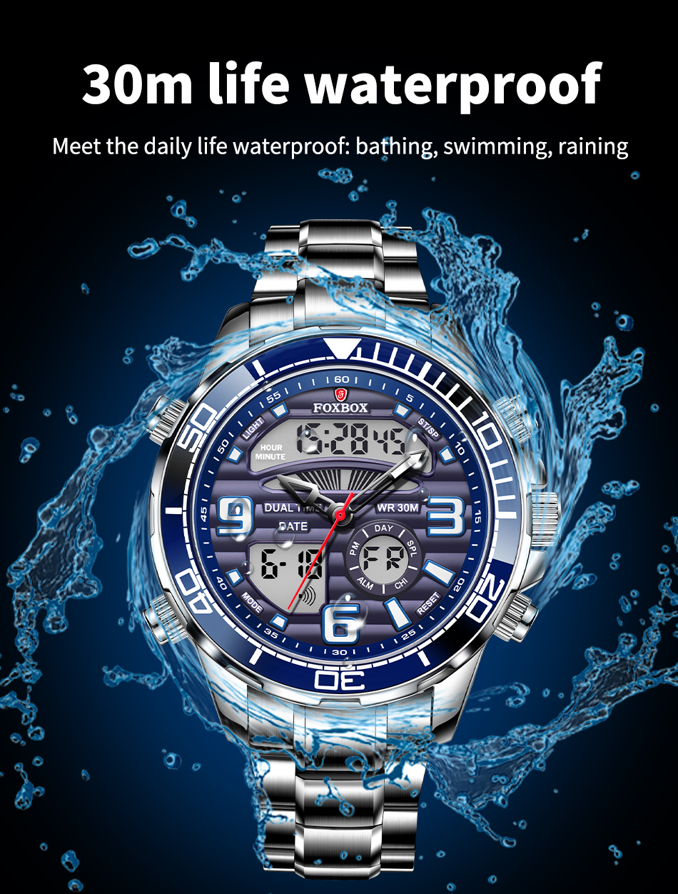 FOXBOX 0007 Men's Luxury Digital Chronograph Watch - Stainless
