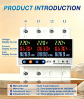 Sélecteur de phase automatique triphasé 63A avec compteur Kwh indépendant par phase, protection contre les surtensions, les sous-tensions, les surcharges et la perte de phase