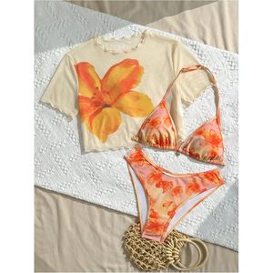 FOXA Ensemble bikini 3 pièces à fleurs pour fille, haut triangle à nouer, paréo transparent, tenue de plage, extensible, en spandex et polyester - Product Image 3