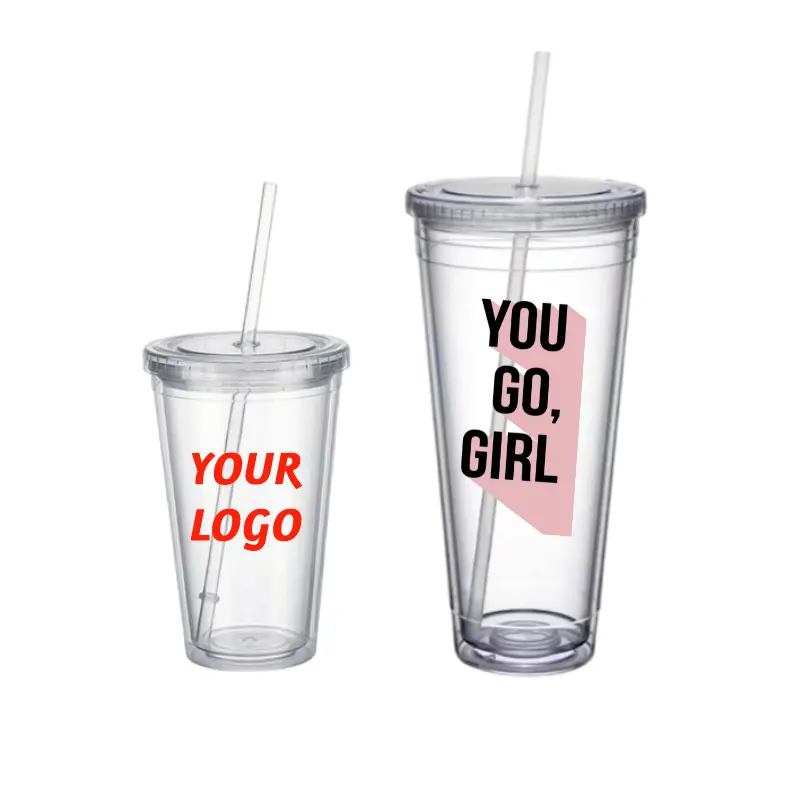 24 Oz 32Oz Boba Plastic Koude Kopjes Koffie Met Aangepaste Logo Bedrukte Deksels En Stro Dubbele Wand Tuimelaar Gepersonaliseerde Acryl Cup