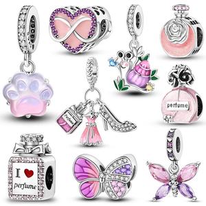 MULA 925シルバーピンクチャームペンダントビーズ女性用ロジウムメッキジルコンフィットオリジナルチャームブレスレット子供用DIYジュエリー - Product Image 1