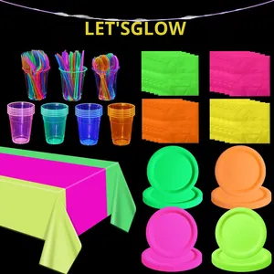 Assiettes en papier jetables, gobelets en tissu, couteaux, fourchettes, cuillères, kits fluorescents, décoration de table pour fête, couleur néon qui brille sous la lumière UV - Product Image 2