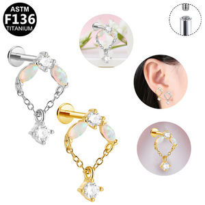<b>Titanium</b> Plated Flower <b>Chain</b> Ear Studs For Piercing Jewelry Party Fashion Earrings With Prong Setting Stainless Steel - Product Image 4