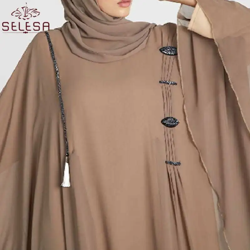Vestido Longo Muculmano Good Quality Elegant Women Floral Print Flare Sleeve Maxi Dresses Thick Crepe Abaya Dress Long Muslim