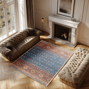 Karpet Vintage JINCHAN Sustainable Gabbeh, Dapat Dicuci, Motif Bunga, Warna Merah Bata Biru, Alas Lantai Dalam Ruangan - Product Image 2