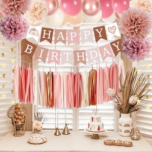 Decoraciones de <span class=keywords><strong>Cumpleaños</strong></span> para Mujer, Globos de Fiesta Rosa Pálido Retro, Pancarta Boho de <span class=keywords><strong>Feliz</strong></span> <span class=keywords><strong>Cumpleaños</strong></span>, Pompones de Papel, Guirnalda de Borlas - Product Image 4