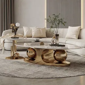 Desain praktis meja Tengah baja tahan karat meja kopi Set Italia warna emas disinter batu ruang tamu furnitur