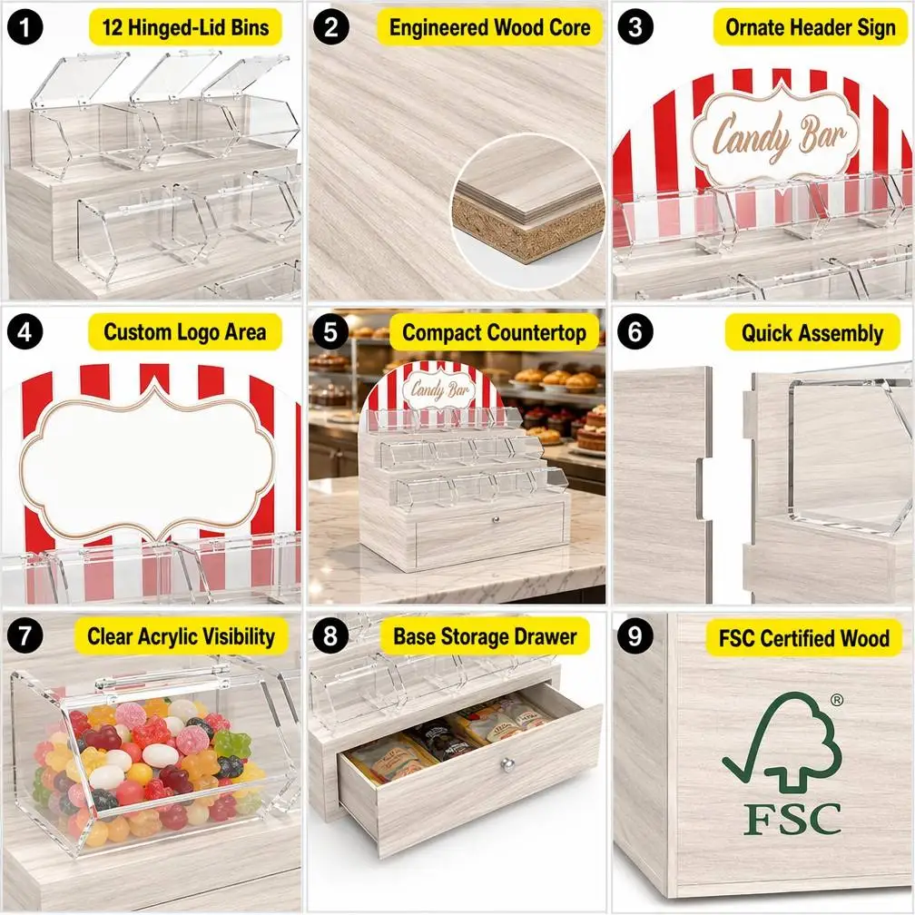 Wooden 3-Tier Candy Display Stand 12 Acrylic Hinged Bins Rustic Countertop Confectionery Organizer for Bakery Candy Shop — view 5