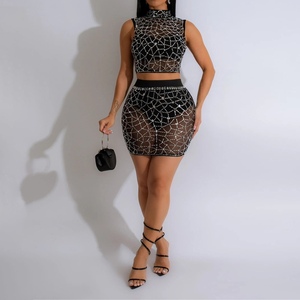 Women's <b>Rhinestone</b> Mesh Sleeveless Round Neck <b>Top</b> With Pencil Skirt and Panties 2-Piece Set Fashion - Product Image 1