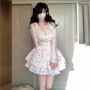 French Style White Floral Print Sundress For Women Sweetheart Neck <b>Elastic</b> Waist Princess Tulle <b>Skirt</b> Daily Casual Dress - Product Image 3