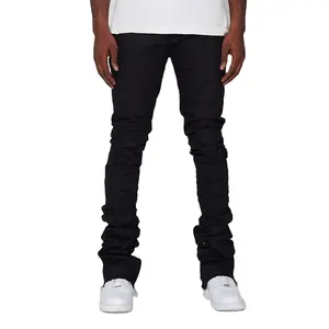 Jeans Denim kurus pria, celana Denim ketat bertumpuk warna hitam kualitas tinggi untuk pria