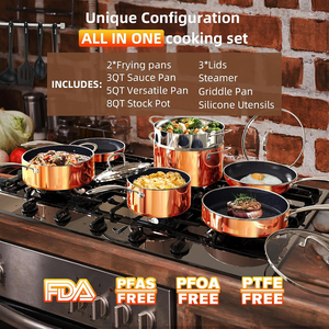 Juego de Utensilios de Cocina de Cobre de 13 Piezas, Ollas y Sartenes Antiadherentes, Tapas de Vidrio, Asas de Acero Inoxidable, Aptos para Horno, Compatibles con Inducción, Aptos para Lavavajillas - Product Image 6