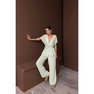 ชุดเซ็ตผู้หญิง KETEN V YAKA BELDEN BALAMALI BLUZ-PANTOLON TAKIM-Yeil - Product Image 2