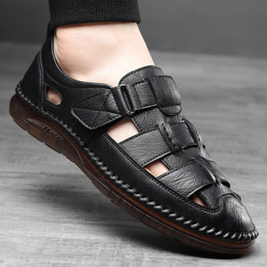 Sandalias Planas con Punta Cerrada, Parte Superior de Cuero Genuino, Suela de Goma, Transpirables, con Cierre de Velcro, Zapatos Casuales de Verano para Hombre - Product Image 3