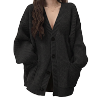 Cardigan en tricot ample à col en V pour femme, couleur unie décontractée mi-longue, collection printemps-automne, vêtements féminins transfrontaliers en gros