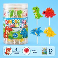 Diverse grappige vormen harde lolly's in een novelty pot, snoepjes in dinosaurus-, eenhoorn- en donutvormen, zoete kindersnack voor de feestdagen