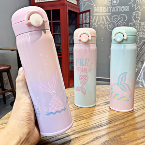 Bouteille d'eau portable pour étudiants Seaygift, motif de dessin animé mignon, bouteille d'eau en métal thermos avec couvercle à ressort, dégradé créatif, sirène - Product Image 2