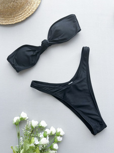 Factory Direct Skin-Friendly Women's 2 Piece Set Twist Front <strong>Bandeau</strong> <strong>Top</strong> &amp; High Cut Bottoms Swimwear for Pool Beach Sexy Bikini - Product Image 4