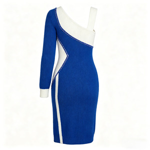 Abito <span class=keywords><strong>in</strong></span> <span class=keywords><strong>maglia</strong></span> da donna blu e bianco a blocchi di colore, asimmetrico monospalla <span class=keywords><strong>con</strong></span> cut-out, <span class=keywords><strong>vestito</strong></span> a costine aderente midi <span class=keywords><strong>con</strong></span> <span class=keywords><strong>spacco</strong></span> - Product Image 4
