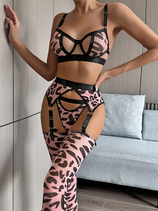 Lencería sexy de leopardo para mujer madura <span class=keywords><strong>con</strong></span> medias y ligueros huecos <span class=keywords><strong>con</strong></span> tiras - Product Image 3