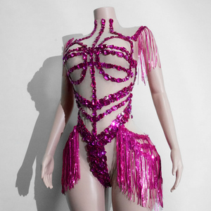Justaucorps rose magenta à franges de strass Cyber Pop pour festival de musique, scène, diva, drag queen, artiste, costume de spectacle - Product Image 3