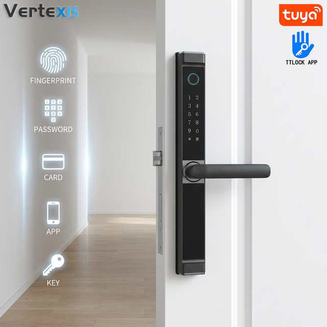 Vertexis High Quality Aluminum Alloy Narrow Body Smart Door Lock Fingerprint Password Unlock Tuya WiFi Cloud App Control Grade C
