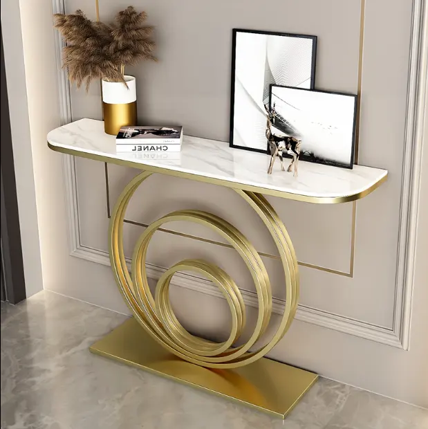 2023 Nordic Modern Luxury Gold Frame Console in ferro battuto tavolino da caffè con piano in vetro temperato e marmo