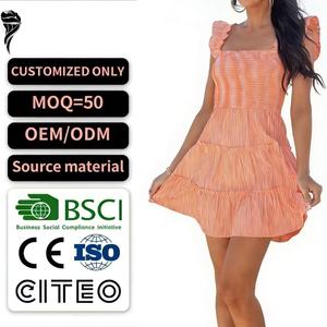 Robe d'été décontractée pour femme, mini-robe à volants en coton de haute qualité, à rayures, à plusieurs niveaux, avec détail smocké - Product Image 1