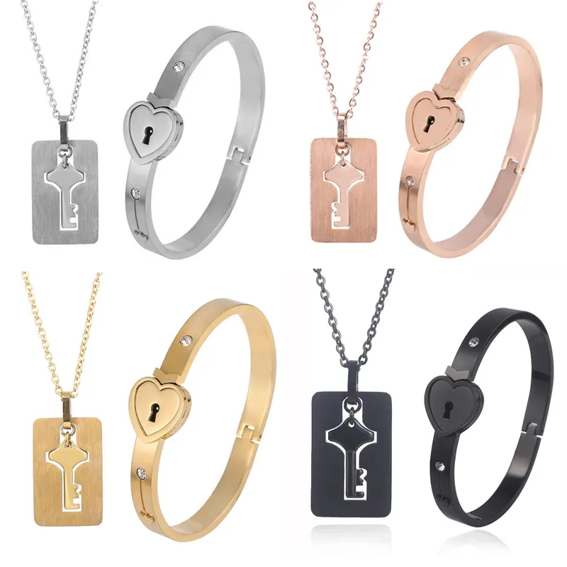 NUORO New Lover Jewelry Set Gold Plated Stainless Steel Matching Puzzle Couple Heart Lock Bracelet and Key Pendant Necklace