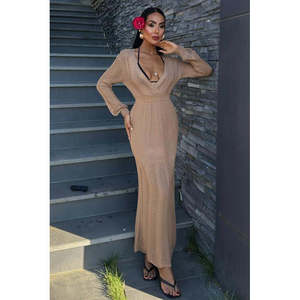 Vestido de punto con cuello en V profundo, ceñido al cuerpo, cintura natural, transpirable, con aberturas, informal y de ocio. - Product Image 6