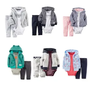 Vente en gros Ensemble 3 pièces veste/barboteuse/pantalon à capuche en coton à la mode pour enfants garçons et filles Vêtements pour bébés