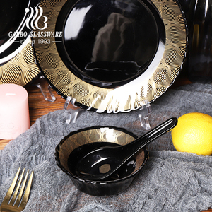 Juego de vajilla de ópalo negro de estilo indio, vajilla de lujo para el hogar, platos y cuencos de vidrio con decoración dorada, juego de cena de ópalo, 33 Uds. - Product Image 2
