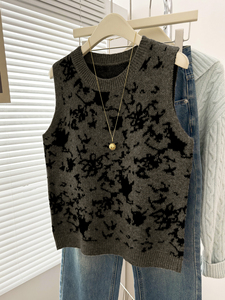 Gilet en tricot pour femme, motif abstrait encre éclaboussée, col rond, sans manches, coupe ample, collection automne, vente en gros, OEM ODM - Product Image 3