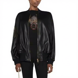 Blouson Bomber Oversize en Cuir Véritable Noir pour Femme, Col en Tricot Côtelé, Fermeture Éclair Avant, Poches Utilitaires sur les Manches, Manteau d'Hiver Chaud Style Aviateur - Product Image 1