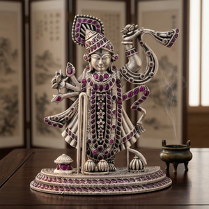 Vibrante Ídolo de Shrinathji en Piedra Rosa Púrpura con Detalles Oxidados en Plata de Ley, Estatua Religiosa de Plata Pura para Decoración del Hogar o Templo - Product Image 5