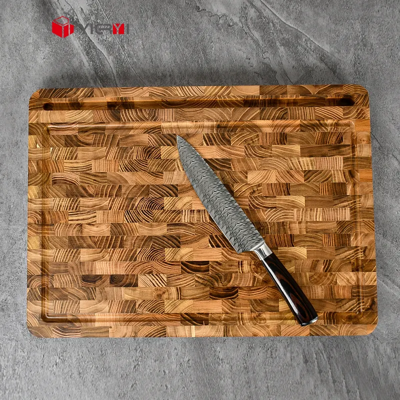 Wholesale Custom Teak Wood Cutting Board Rectangle Kitchen Retautrant Chopping Board End Gran Butcher Block With Juice Sink