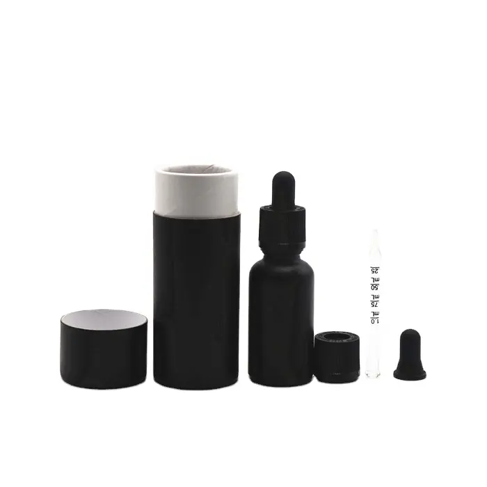 Best selling 30ml black frosted cosmetic bottle essential oil bottle with measurement pipette and paper tube packaging