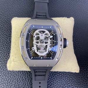 Reloj de Lujo Tonneau con Diseño de Calavera, Caja en Tono Titanio, Correa de Goma Negra con Esfera de Calavera 3D - Product Image 1