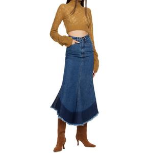 กระโปรงยีนส์วินเทจสำหรับผู้หญิง สีน้ำเงินตัดต่อสีต่างกัน ทรงเอ สมมาตร ชายรุ่ย ผ้าฝ้ายสั่งทำพิเศษ กระโปรงเดนิมยาวลำลองแบบมิดิ - Product Image 5